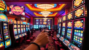 Rasakan sensasi slot deposit pulsa di kasino yang ramai, menampilkan mesin-mesin berwarna-warni dan pemain yang antusias.