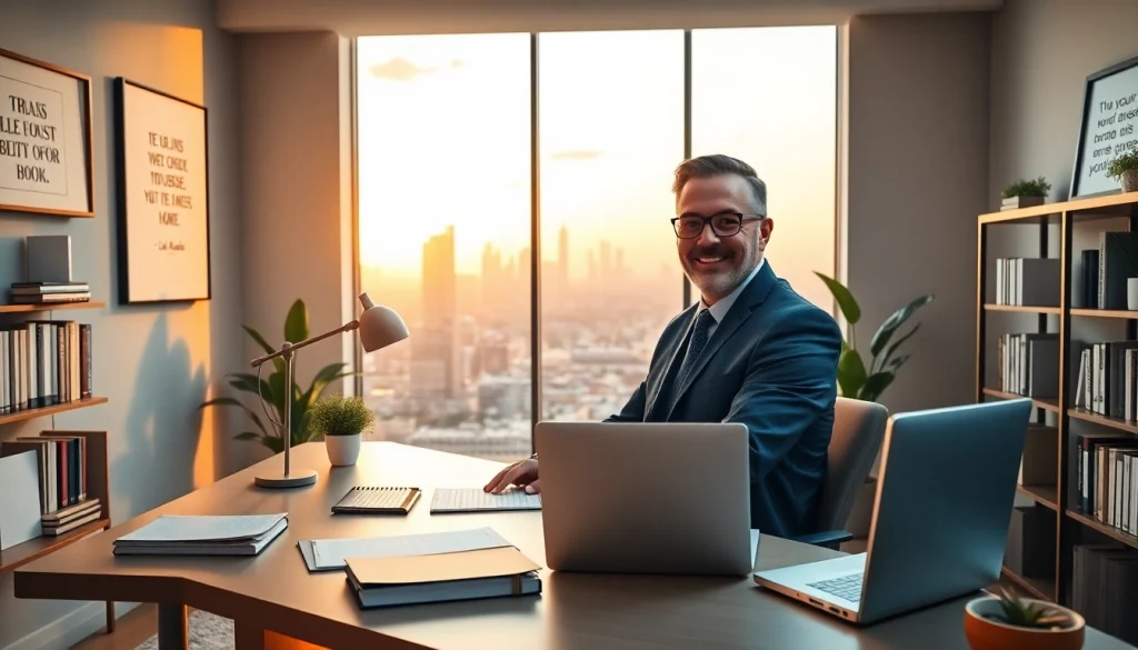 Business coach Los Angeles guiding clients in a bright and motivational office.