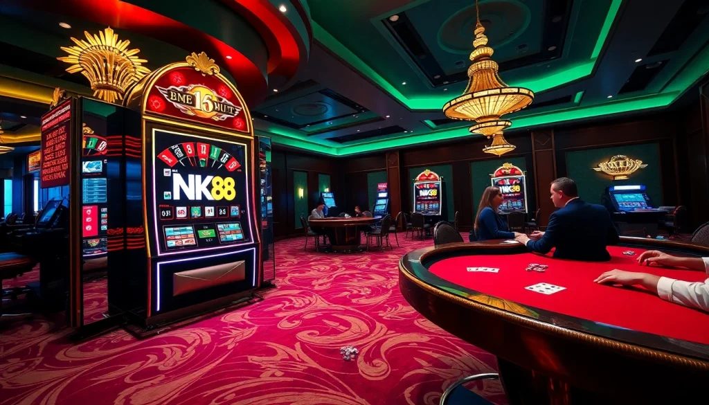Players enjoying an exciting game of poker with NK88-themed chips on a vibrant casino table.
