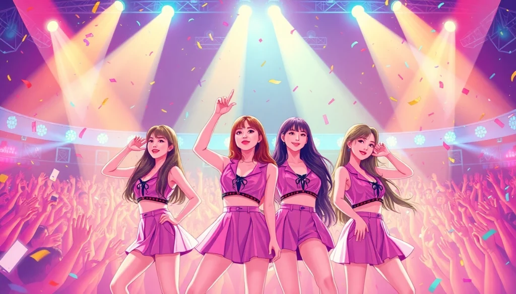 Engaging BLACKPINK news capturing the group in a vibrant concert atmosphere with lively lights.