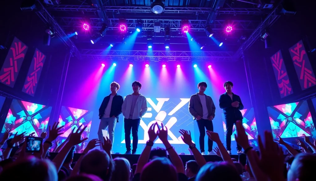 Engaging BTS news performance scene with members highlighted under bright lights, depicting energy and excitement.