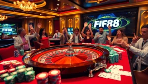 FIVE88 casino scene showcasing players celebrating around a roulette table with lively poker chips and cards.