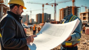 New Jersey Construction Manager analyzing blueprints on a busy construction site.