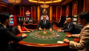 Man88 poker players enjoying a high-stakes game with vibrant casino ambiance.