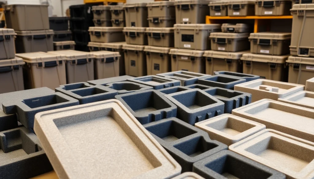 Showcasing custom foam inserts Pelican cases arranged neatly in a workshop setting.