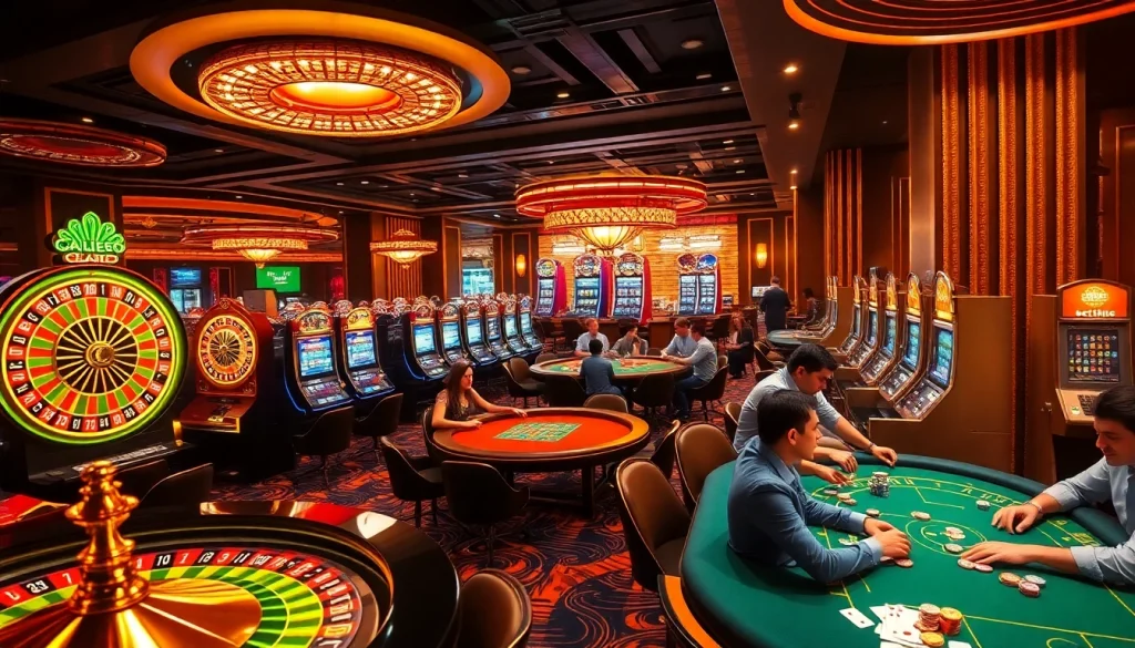 Engaging scene of gamblers using Bet88 đăng nhập at a vibrant casino, highlighting roulette wheels and poker.