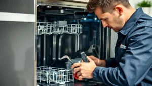 BOSCH dishwasher repair by a technician in a bright kitchen with high-quality tools.