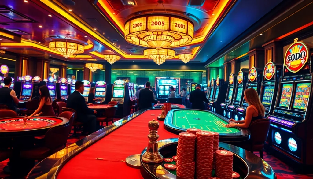 SODO casino scene with vibrant roulette and poker tables bustling with players