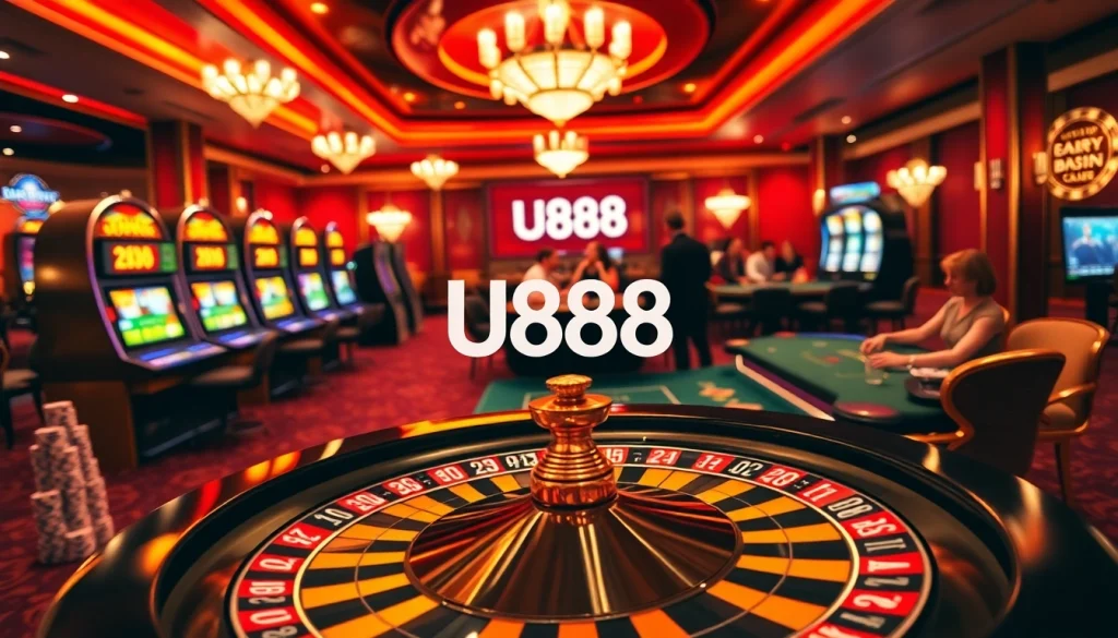 U888 showcases an exciting casino scene with roulette, poker chips, and vibrant slot machines.