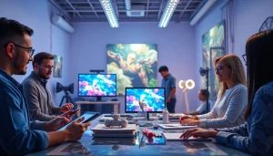 Futuristic digital art studio creating innovative ai nsfw content with diverse artists in vibrant colors.