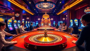 Engage with bk8thai ทางเข้า at a luxurious casino table featuring vibrant games and excited players.