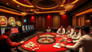 XSMB 247 players engaging in poker at a vibrant casino filled with action and excitement.