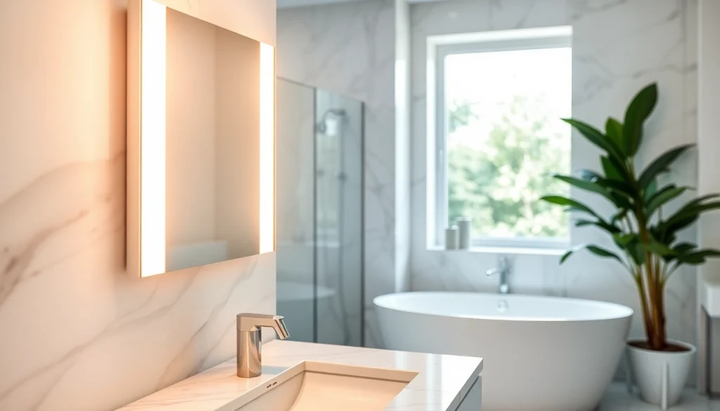 Illuminate your makeup routine with a stylish mirror with Lights enhancing a modern bathroom.
