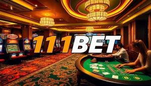 An exciting casino scene featuring 11BET with poker players and vibrant slot machines.