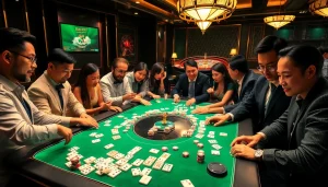 Pemain menikmati Link Mahjong di meja kasino mewah dengan chip poker dan roda roulette.
