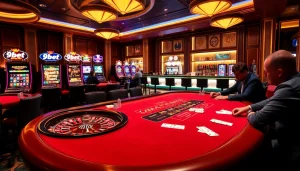 Exciting 9bet casino scene with blackjack, roulette, and vibrant slot machines.