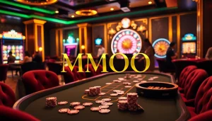 MMOO casino excitement with poker chips and vibrant slot machines in a luxurious setting.