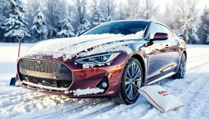 PPF winter road salt protection showcased on a sleek vehicle amidst a winter scene.