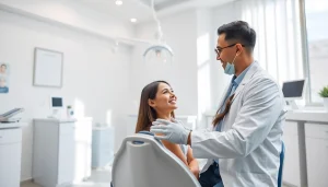 DPEARL 口コミ consultation in a modern dental clinic with patient and dentist.