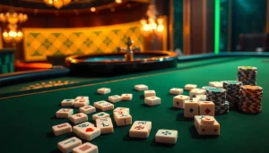 Engaging players with link mahjong at an elegant casino gaming table filled with tiles and chips.
