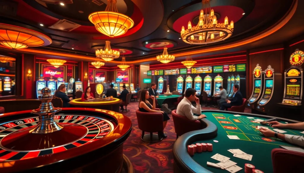 Para pemain menikmati permainan seru di kasino dengan Datukwin, menampilkan meja roulette dan poker.