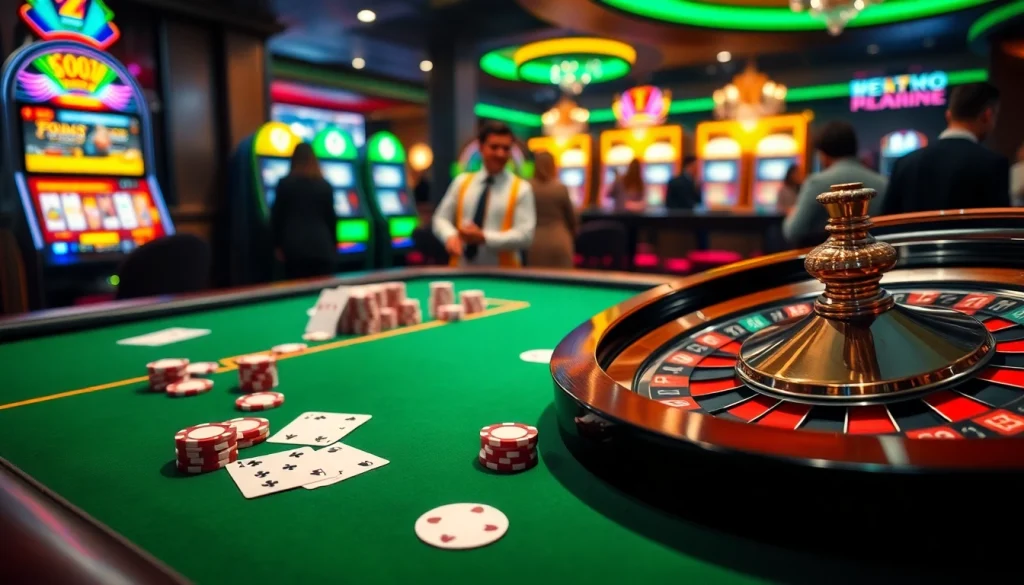 Engaging atmosphere of nhà cái rr88 with vibrant gaming tables and dazzling slot machines.