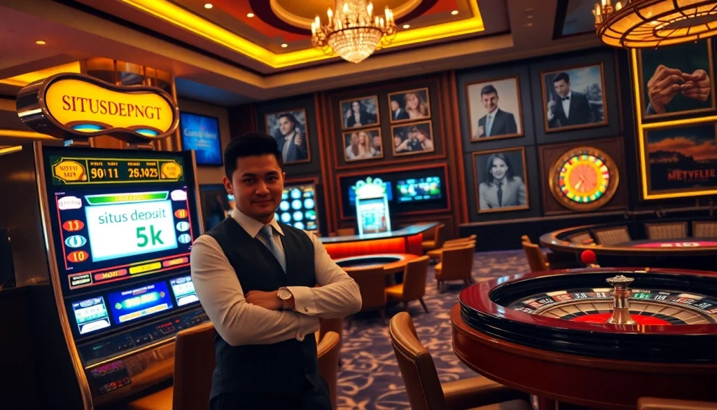 Exciting scene of a player at a luxurious casino slot machine with situs deposit 5k displayed.