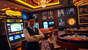 Exciting scene of a player at a luxurious casino slot machine with situs deposit 5k displayed.
