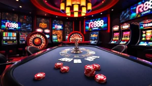 Experience the excitement of RR 88 with a luxurious casino scene featuring poker tables and vibrant slot machines.