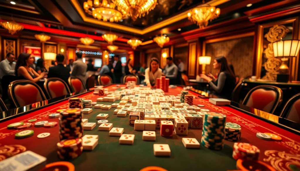 Players engaging in thrilling link mahjong games at a lively casino table.