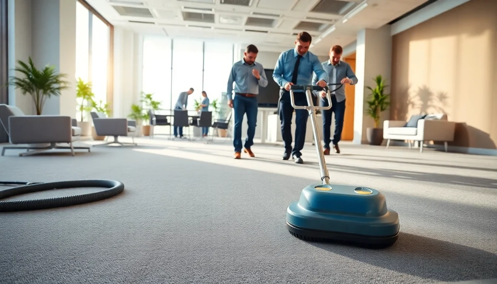 Efficient commercial carpet cleaning in an office, showcasing spotless results and professional equipment.