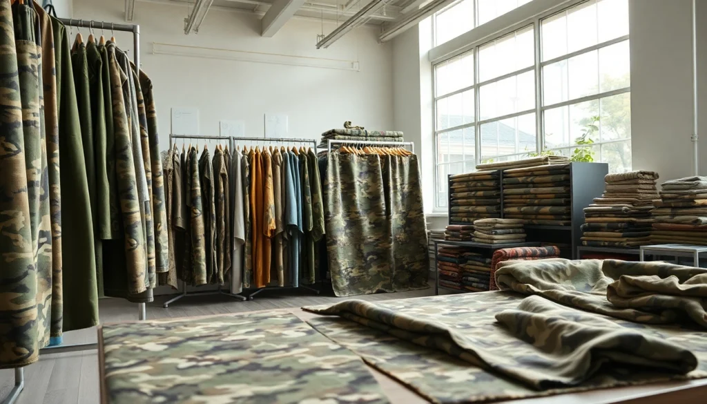 Elegant display of legerprint stof in a fabric studio showing camo patterns and rich textures.