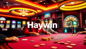 Experience high-stakes gaming at Haywin casino with colorful poker chips and lively slot machines.