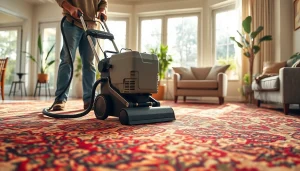 Expert carpet cleaners lincoln ca working diligently on a patterned carpet in a sunlit room.
