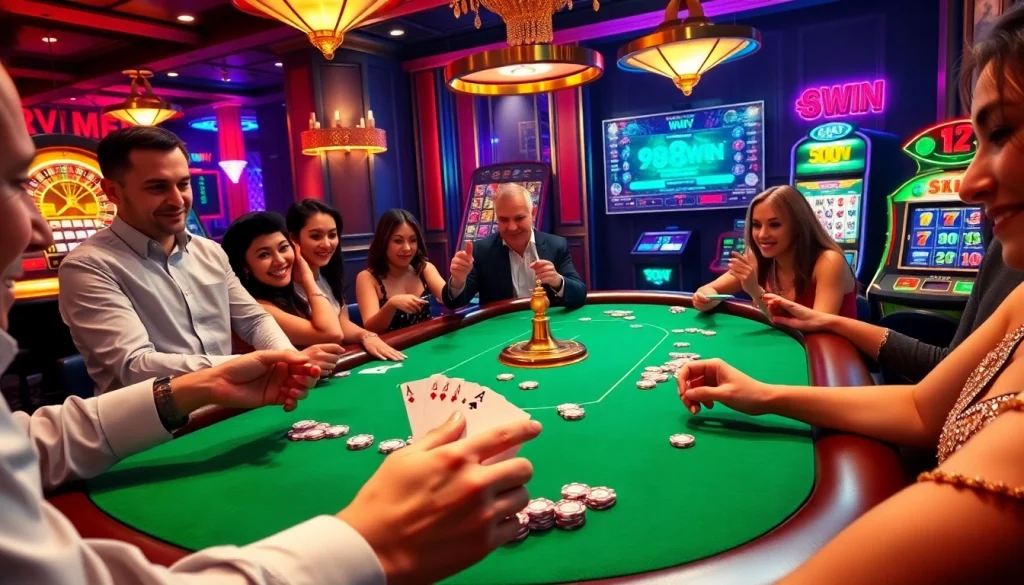 The game 98win captivates players at a vibrant casino table full of poker chips and cards.