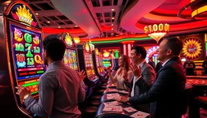 Pemain yang antusias menang di mesin slot deposit 1K dalam suasana kasino yang hidup.