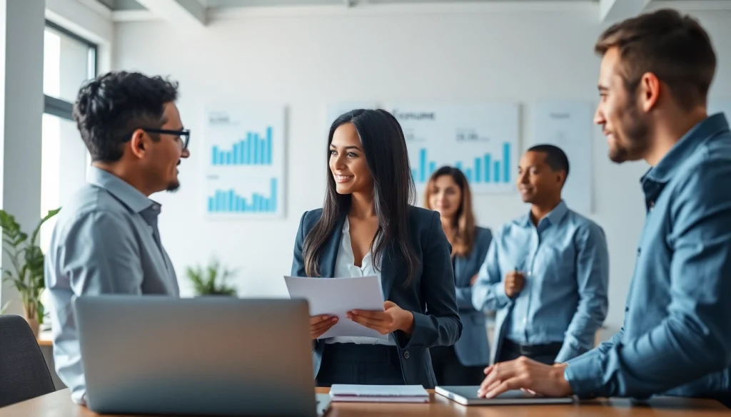 Showcase of sales recruiting services featuring a diverse team in a professional office.