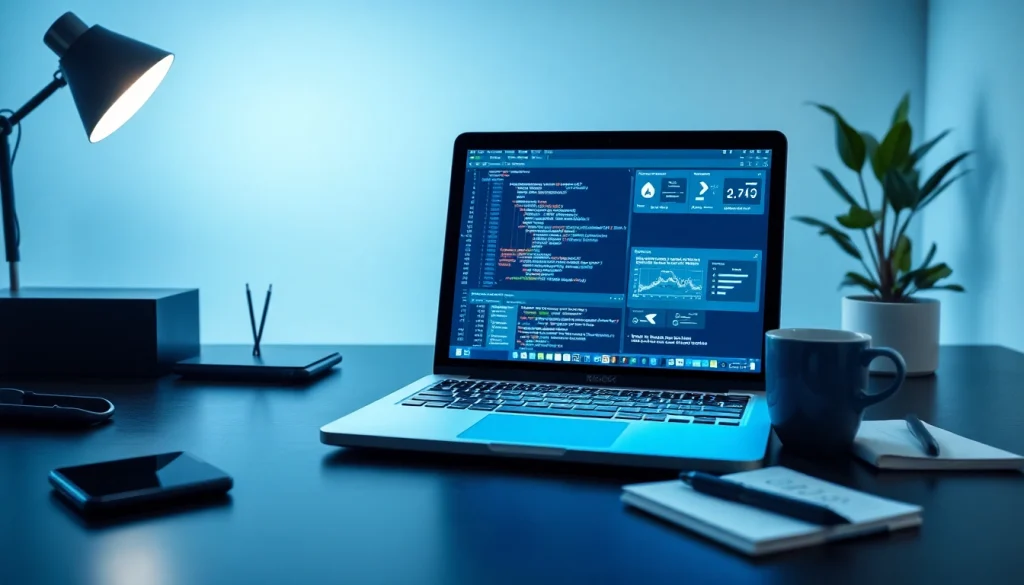 Web scrapping workspace with a laptop showing data visualizations, creating a tech-savvy atmosphere.