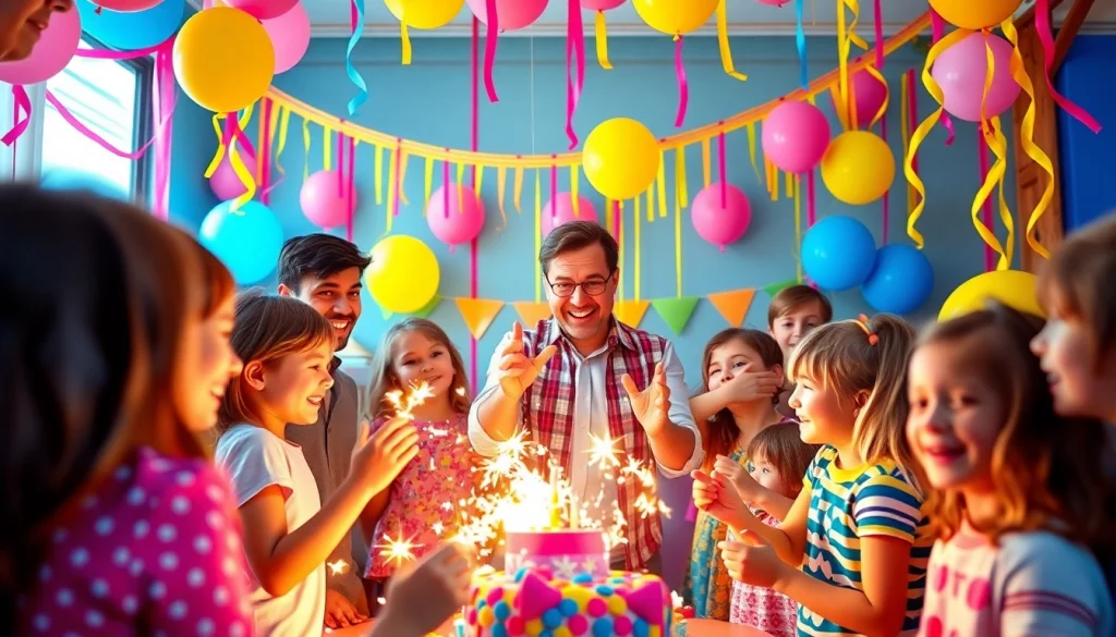 See Birthday party entertainers engaging children with magic tricks at a vibrant party.