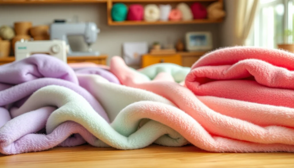 Fleece stof kopen in een gezellige naaikamer met kleurrijke stoffen op tafel.