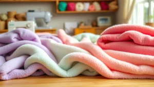 Fleece stof kopen in een gezellige naaikamer met kleurrijke stoffen op tafel.