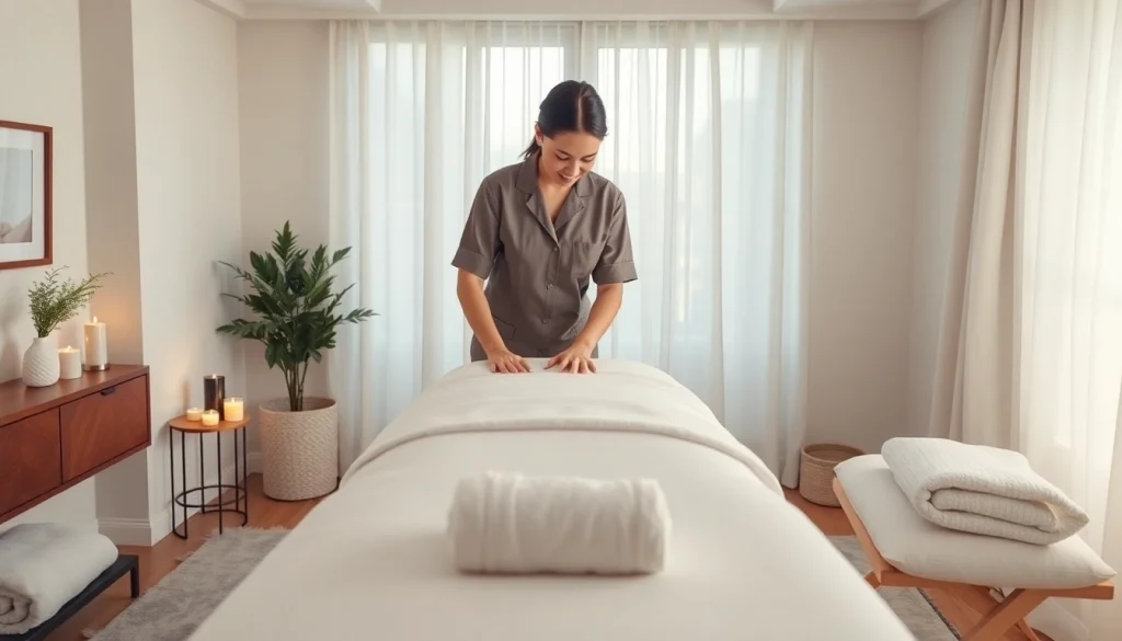 Luxury mobile massage setting showcasing 출장마사지 services with a professional therapist preparing a serene environment.