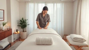 Luxury mobile massage setting showcasing 출장마사지 services with a professional therapist preparing a serene environment.