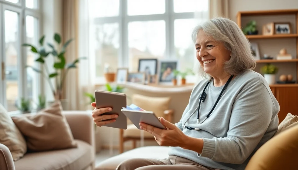 Engaging senior care austin tx services with a caregiver assisting an elderly client in a warm living room.