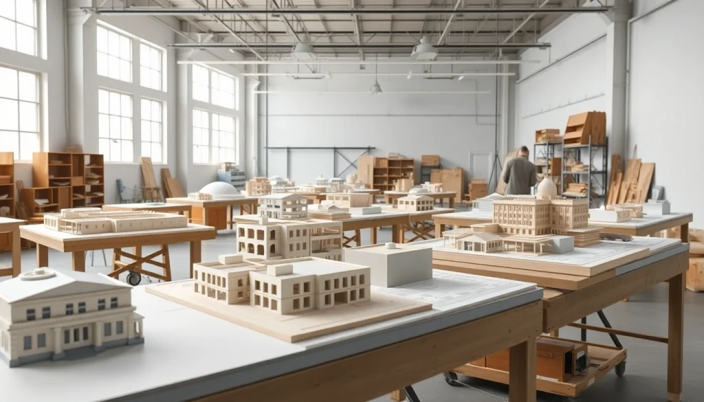 Architekturmodellbau Hannover zeigt präzise ausgearbeitete Architekturmodelle in einem kreativen Workshop.