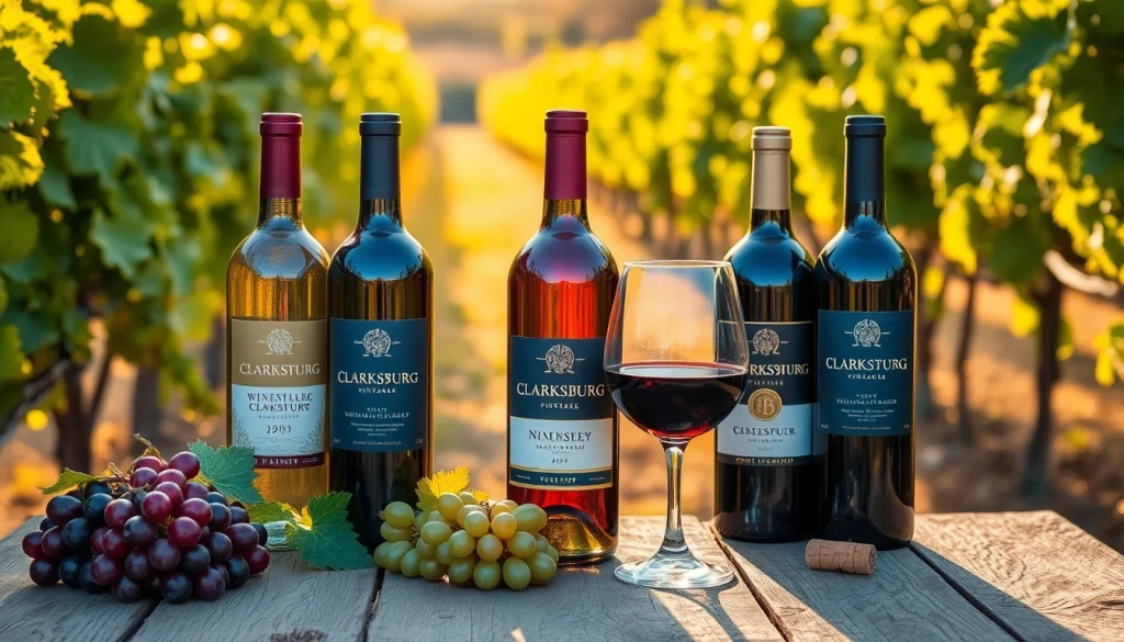 Clarksburg wines displayed elegantly, highlighting their rich colors and textures amidst a vineyard.
