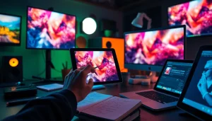 Image to prompt ai - Digital artist's workspace with colorful prompts being created