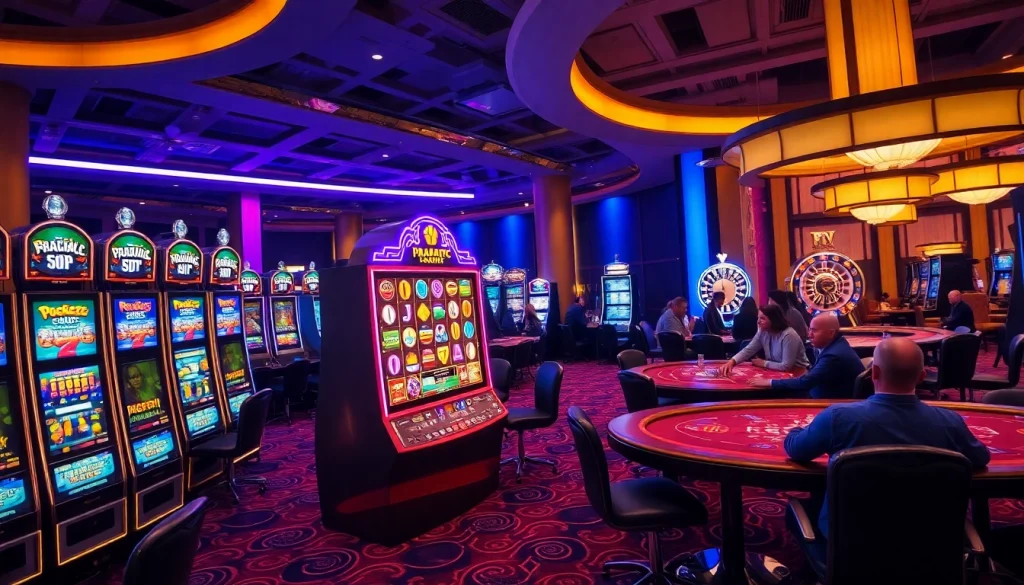 Engaging players at a vibrant pragmatic slot machine in a luxurious casino environment.