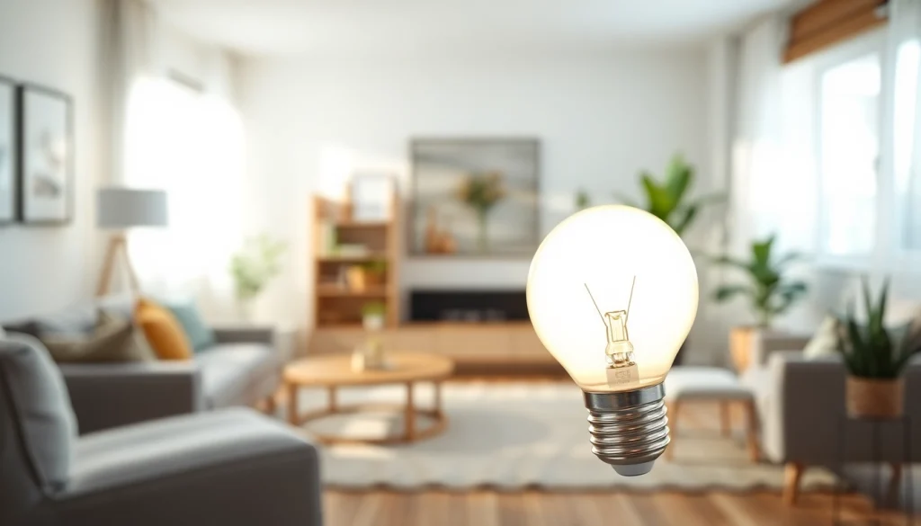 Bright LED A19 illuminating a minimalistic living room with warm ambiance.