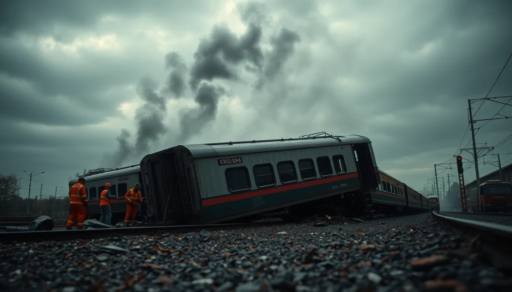 Spain train crash scene showing emergency responders amidst chaos and debris.